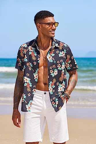 COOFANDY Men's Hawaiian Shirt Short Sleeve Casual Button Down Floral Printed Beach Shirts with Pocket Black