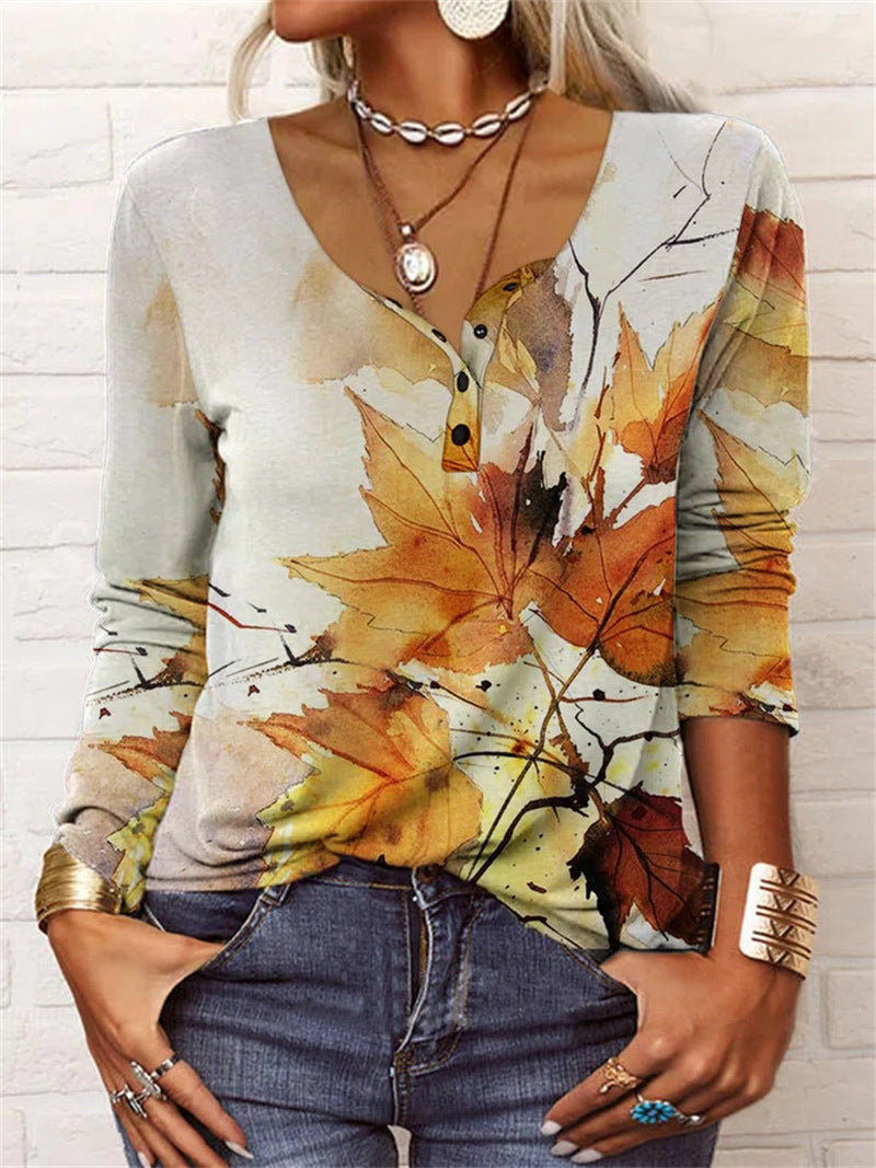 Loose Long Sleeve Geometric Floral U-neck Button