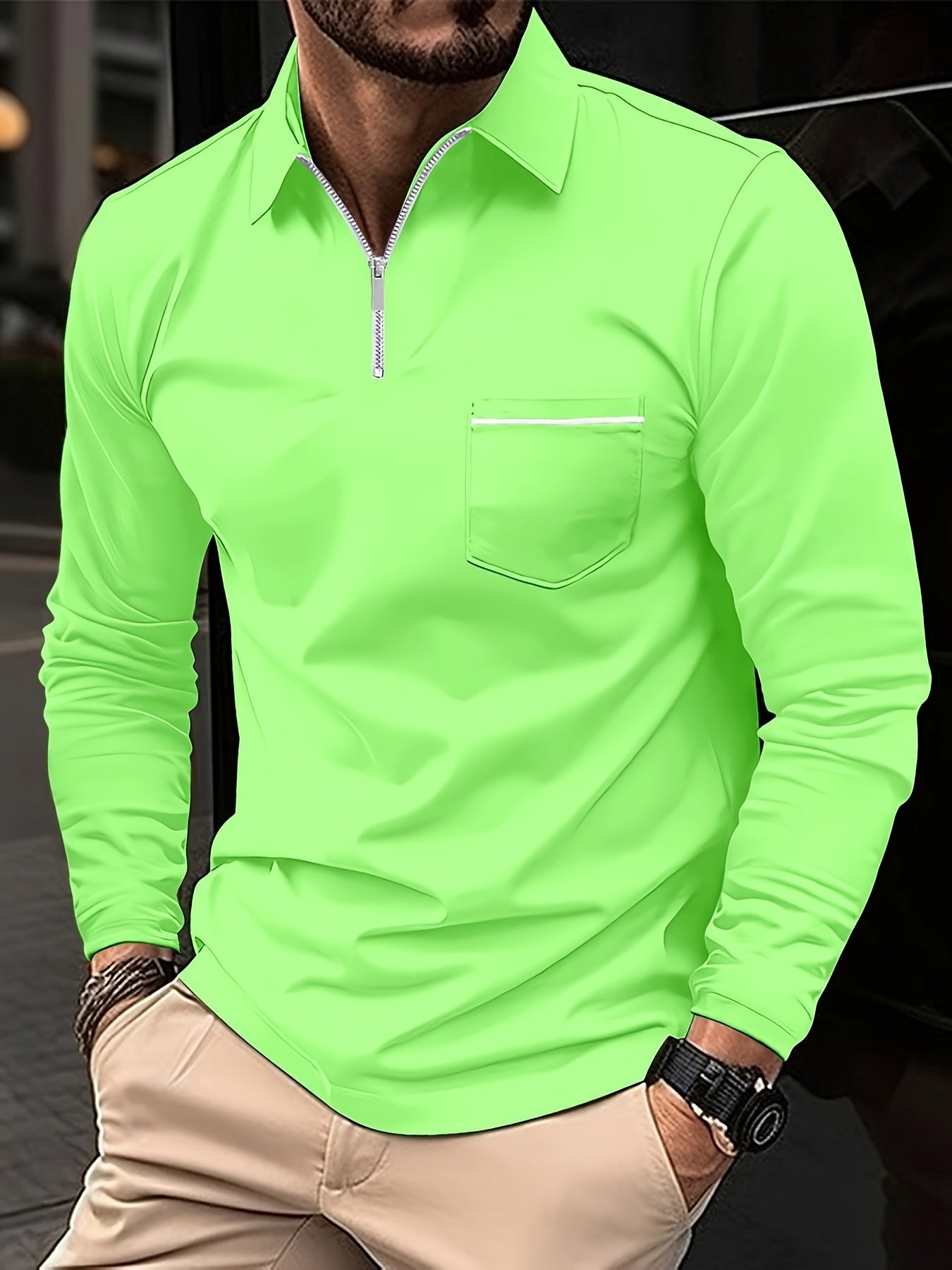 Men's Casual Long Sleeve Zipper Lapel Shirt with Chest Pocket - Spring/Fall Outdoor Wear