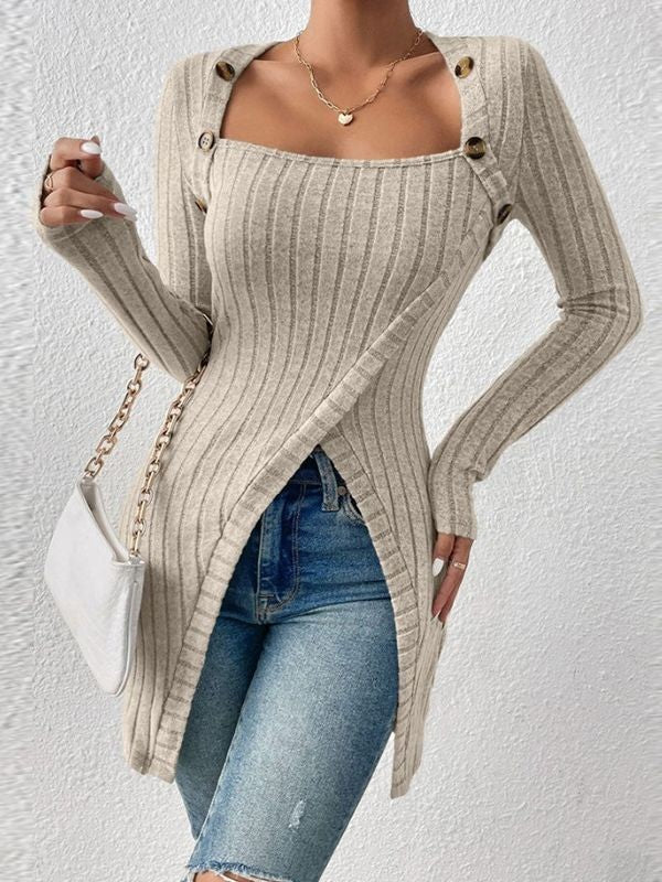 Button Split Long Sleeve Sweater Square Collar Dress