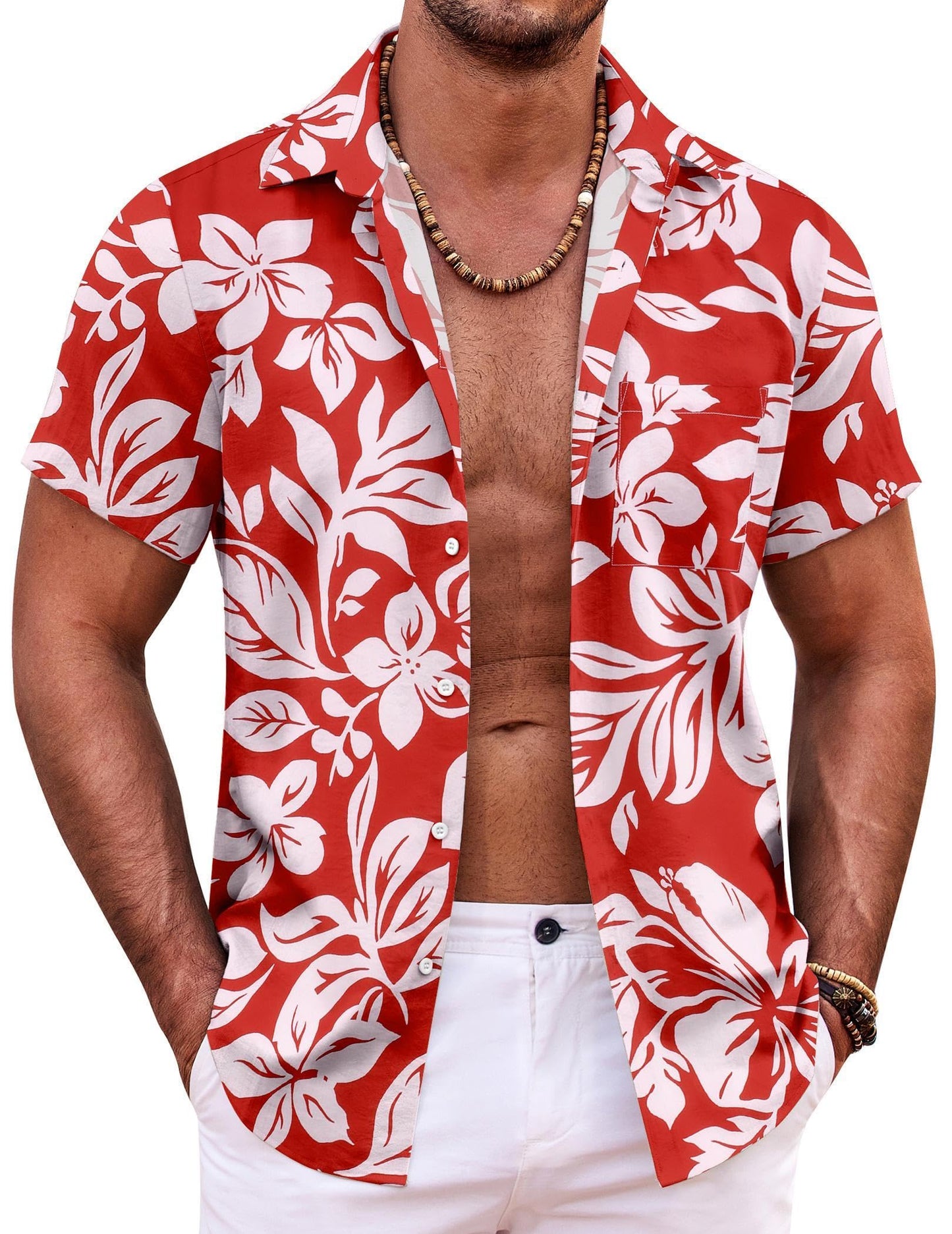 COOFANDY Hawaiian Shirt for Men Button Down Beach Shirts Wrinkle Free Vacation Shirts Bowling Shirts Red-White Floral