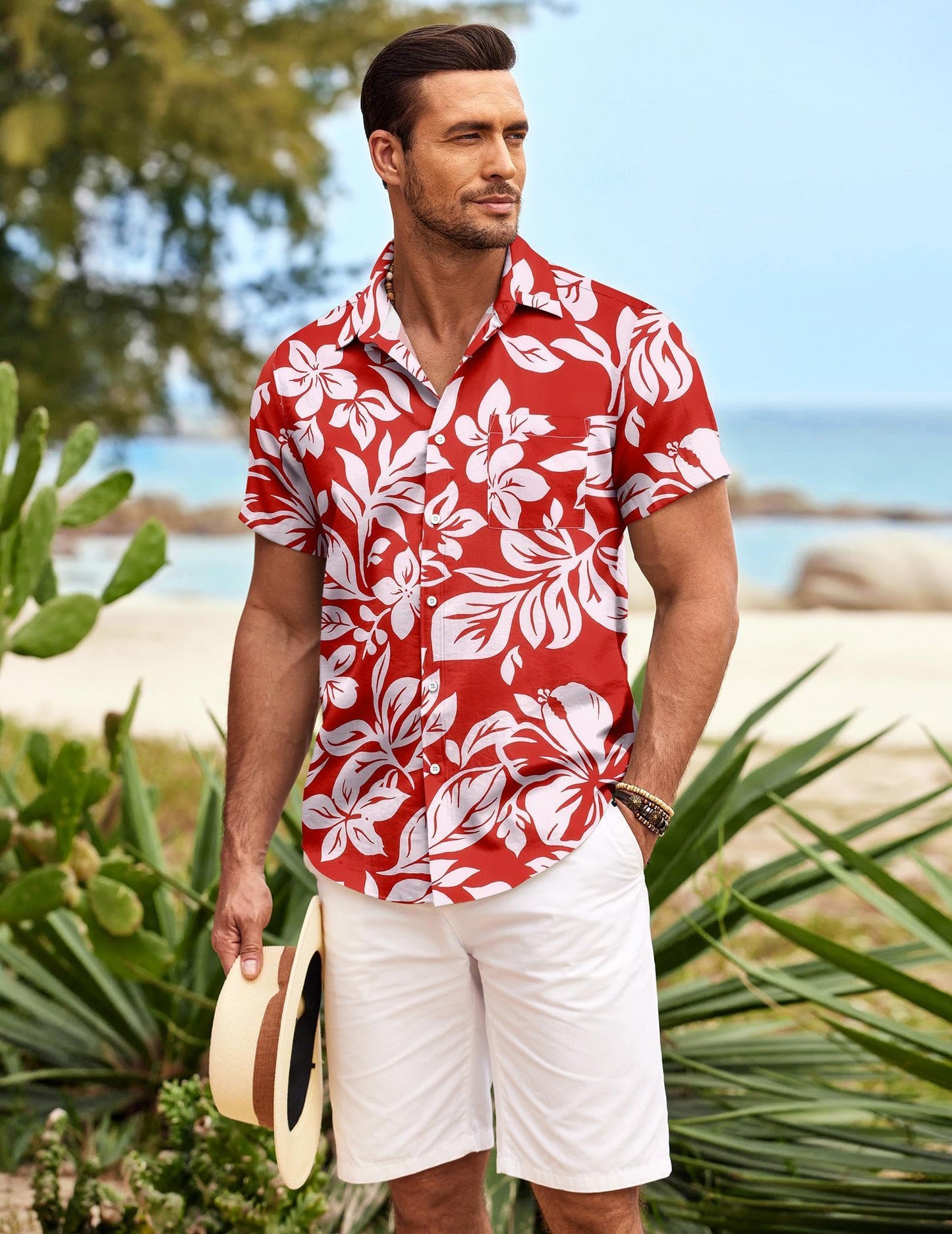 COOFANDY Hawaiian Shirt for Men Button Down Beach Shirts Wrinkle Free Vacation Shirts Bowling Shirts Red-White Floral