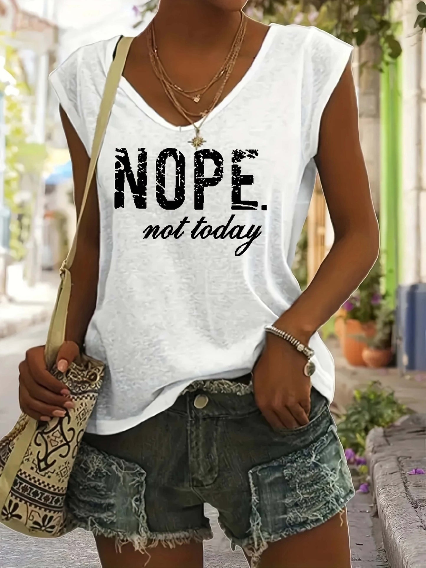 "Nope. Not Today" Letter Print T-shirts, V-neck Cap Sleeve Fashion Top, Women's Clothing