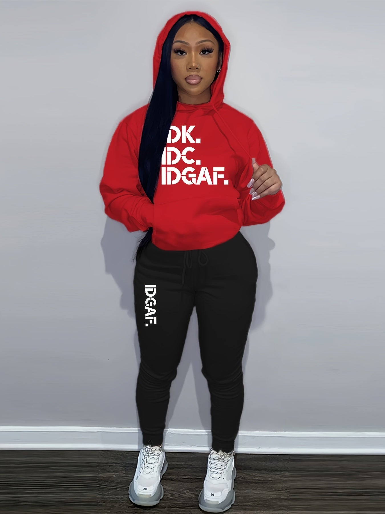 Letter Print Drawstring Two-piece Set, Long Sleeve Kangaroo Pocket Hoodies & Workout Jogger Pants Outfits, Women's Clothing