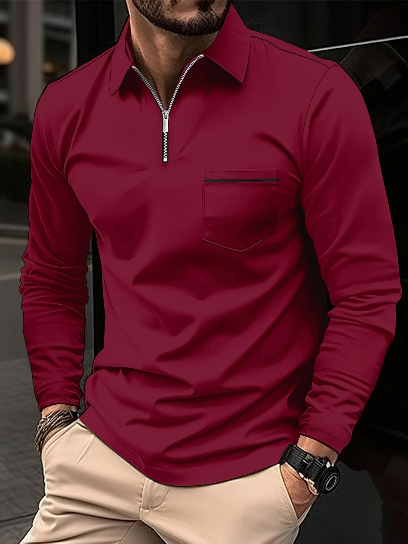 Men's Casual Long Sleeve Zipper Lapel Shirt with Chest Pocket - Spring/Fall Outdoor Wear