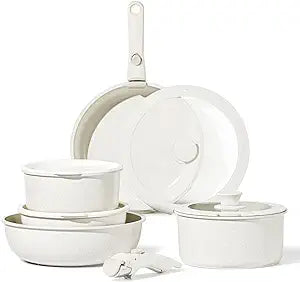 CAROTE 11pcs Pots and Pans Set, Nonstick Cookware Sets Detachable Handle, Induction RV Kitchen Set Removable Handle, Oven Safe, Cream white