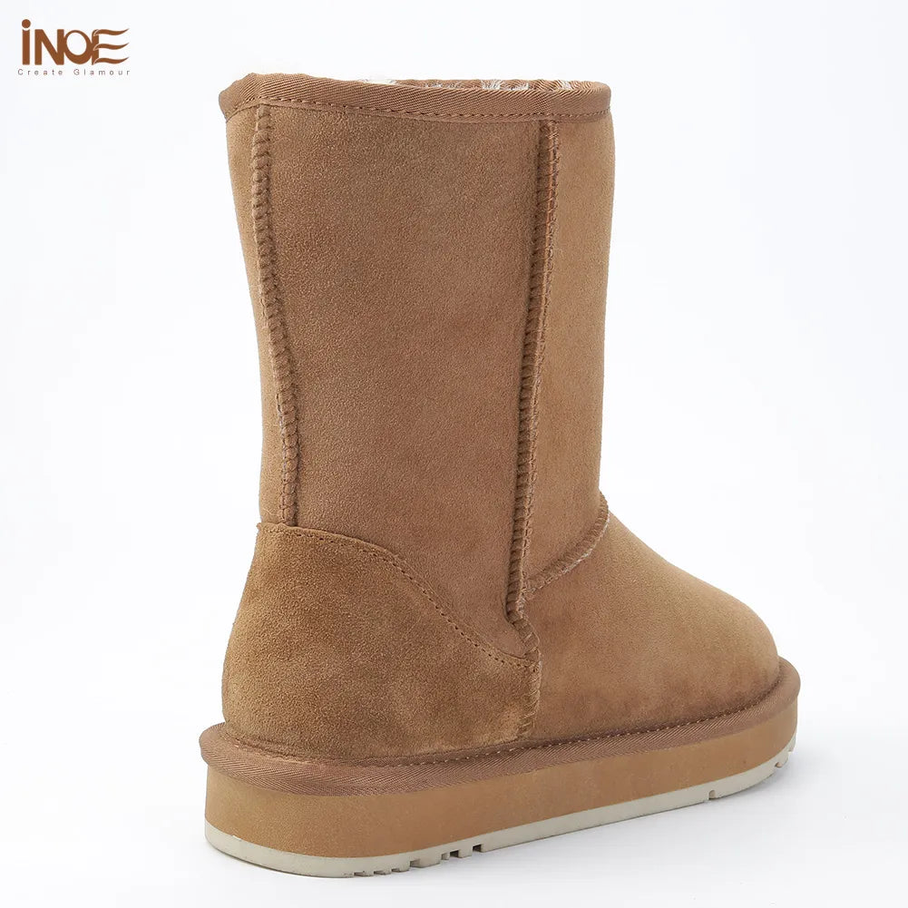 INOE Real Sheepskin suede leather winter snow boots for women wool fur lined female winter shoes flats warm waterproof black