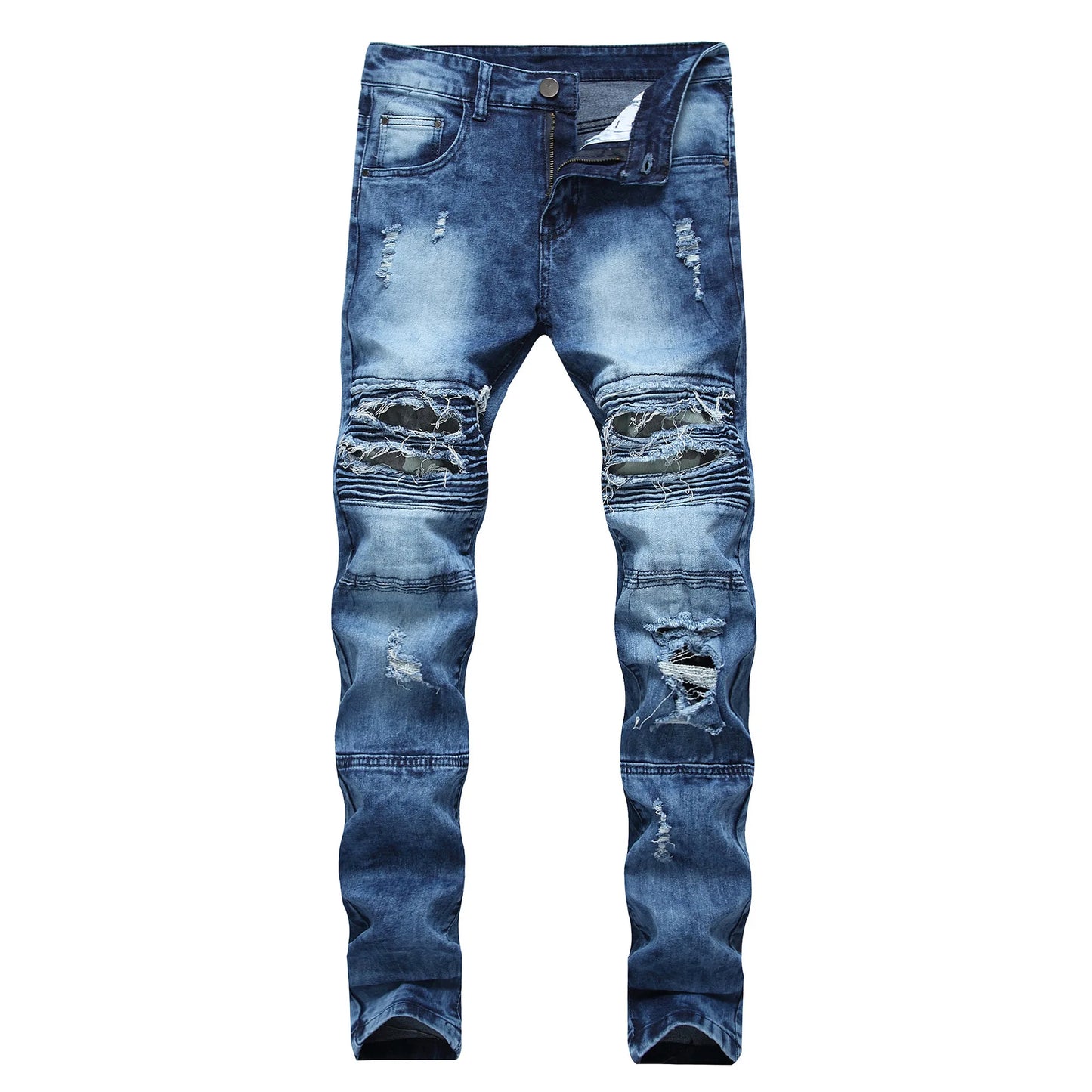 New Pattern  Men’s Moto&Biker Style Knee Broken Denim Long Pants,Stretch Slim Fit Straight Jeans,Cool Guys Must;