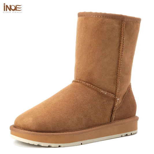 INOE Real Sheepskin suede leather winter snow boots for women wool fur lined female winter shoes flats warm waterproof black