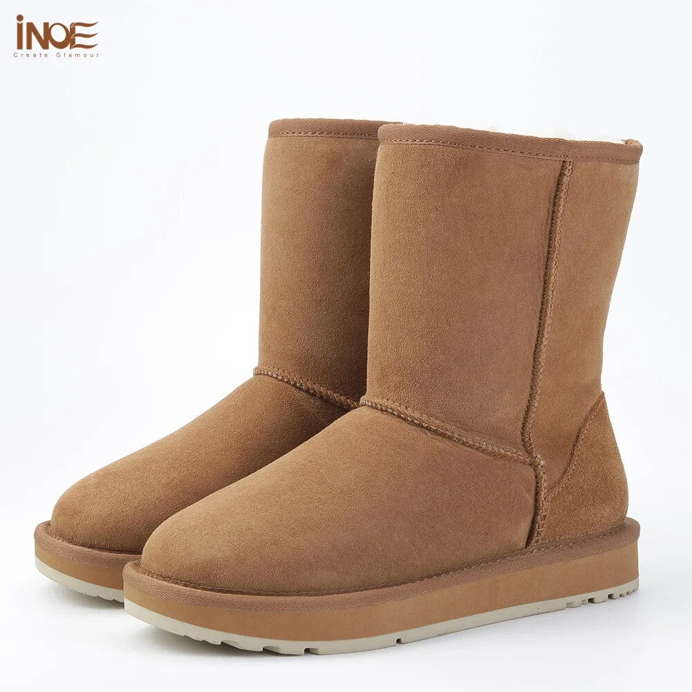 INOE Real Sheepskin suede leather winter snow boots for women wool fur lined female winter shoes flats warm waterproof black