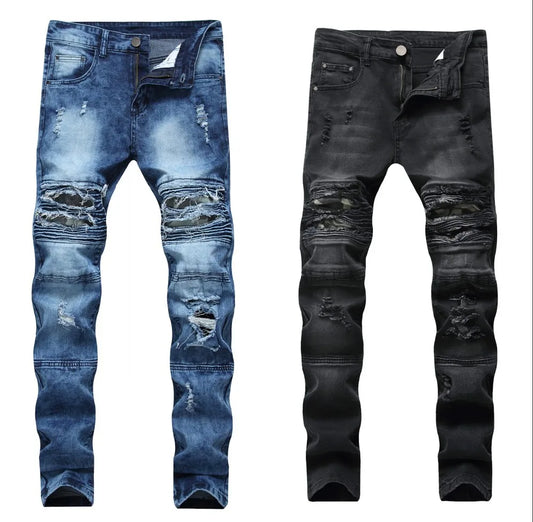 New Pattern  Men’s Moto&Biker Style Knee Broken Denim Long Pants,Stretch Slim Fit Straight Jeans,Cool Guys Must;