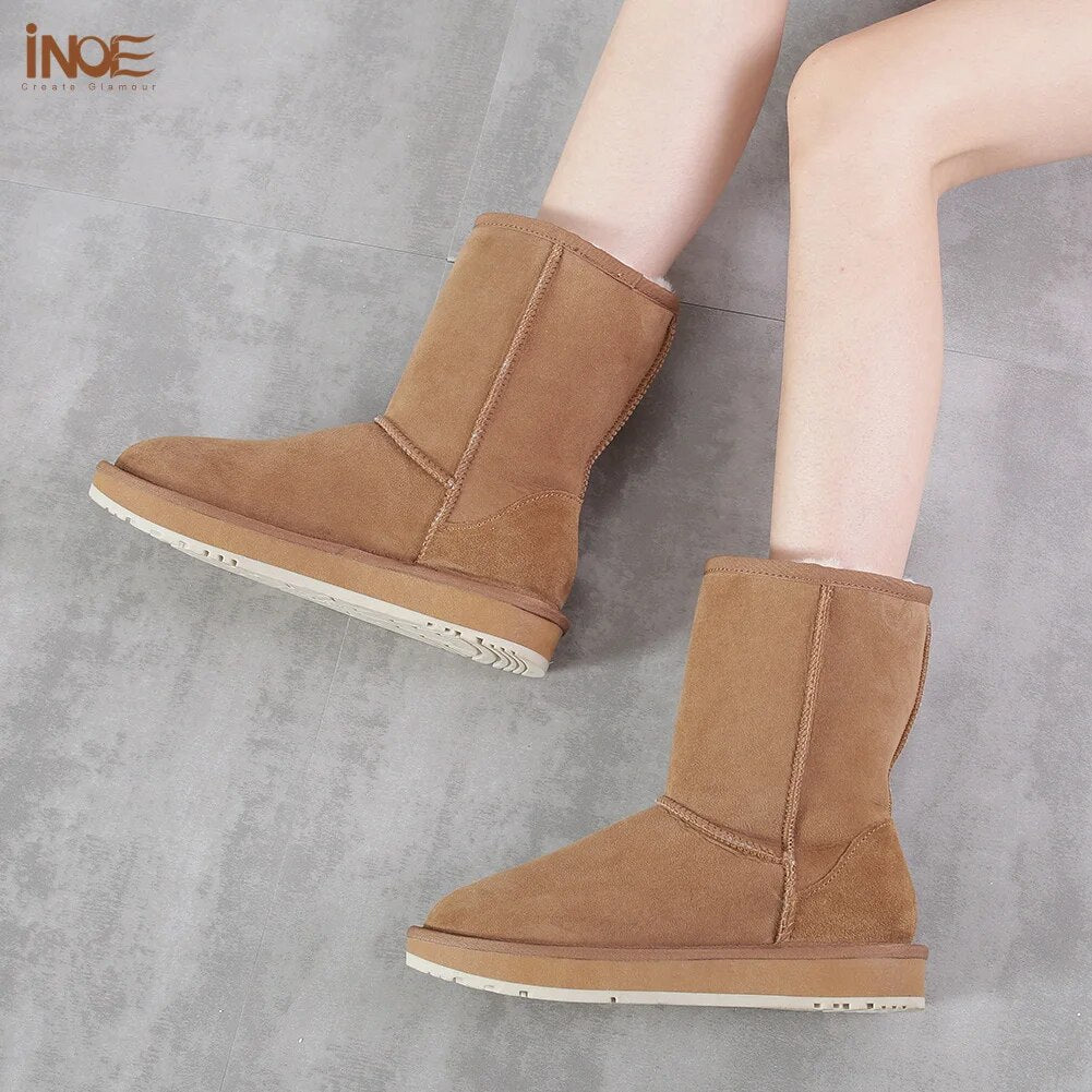 INOE Real Sheepskin suede leather winter snow boots for women wool fur lined female winter shoes flats warm waterproof black