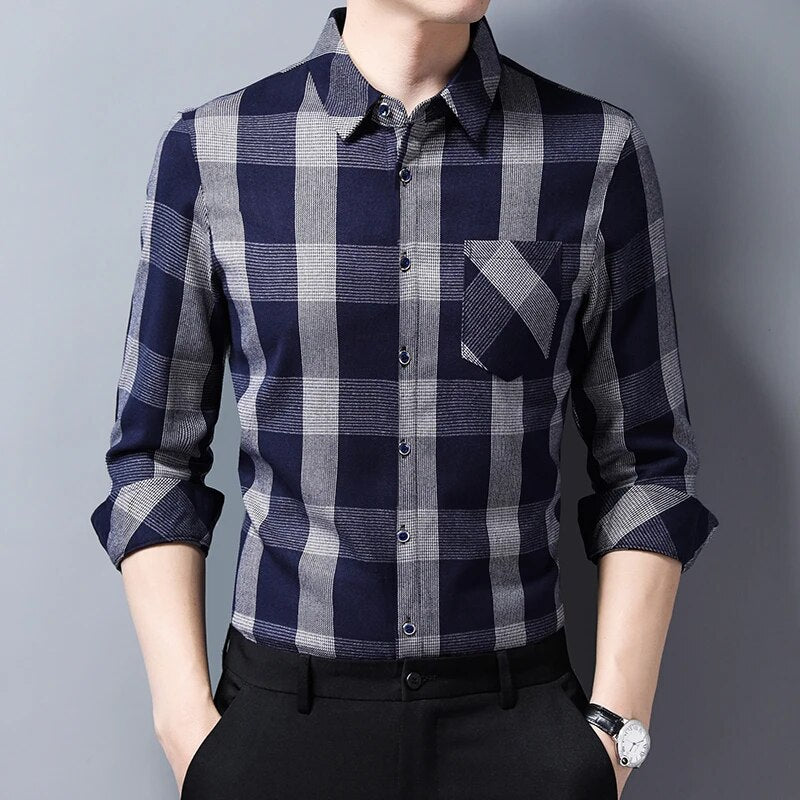 2023New Casual Men Shirts  Slim Fit Fashion Plaid Shirt Spring  Long Sleeve Camisa Masculina Men Clothes C722