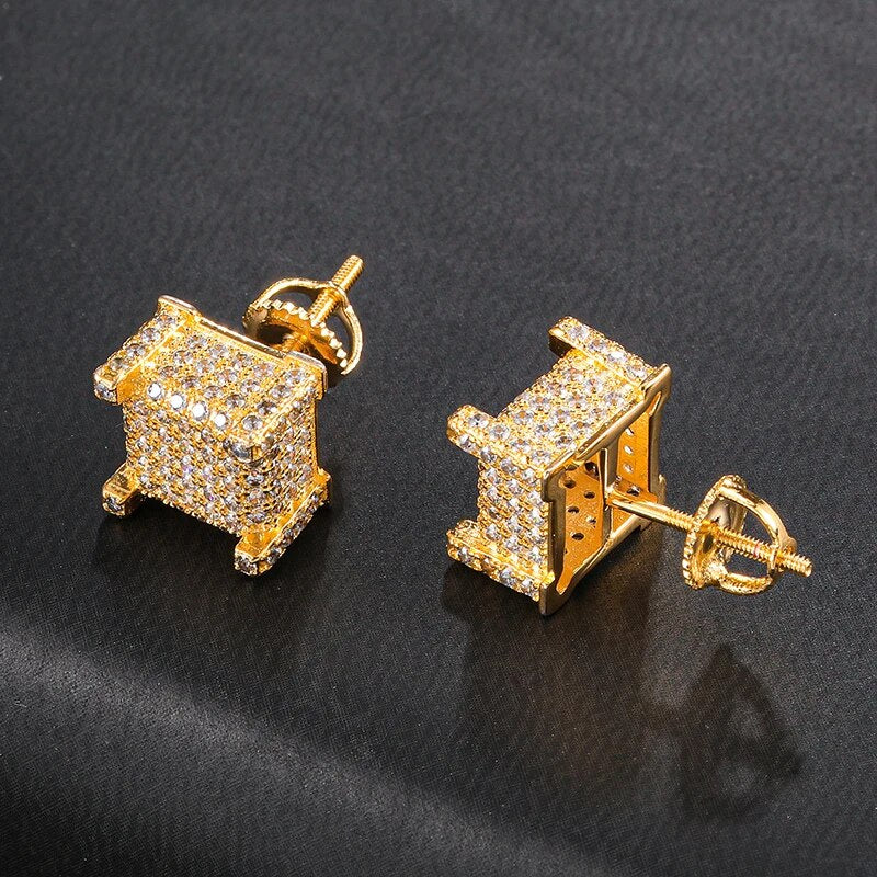 Hip HOP Micro Full Pave Rhinestone CZ Stone Bling Ice Out Stud Earring Gold Color Copper Earrings For Women Men Jewelry