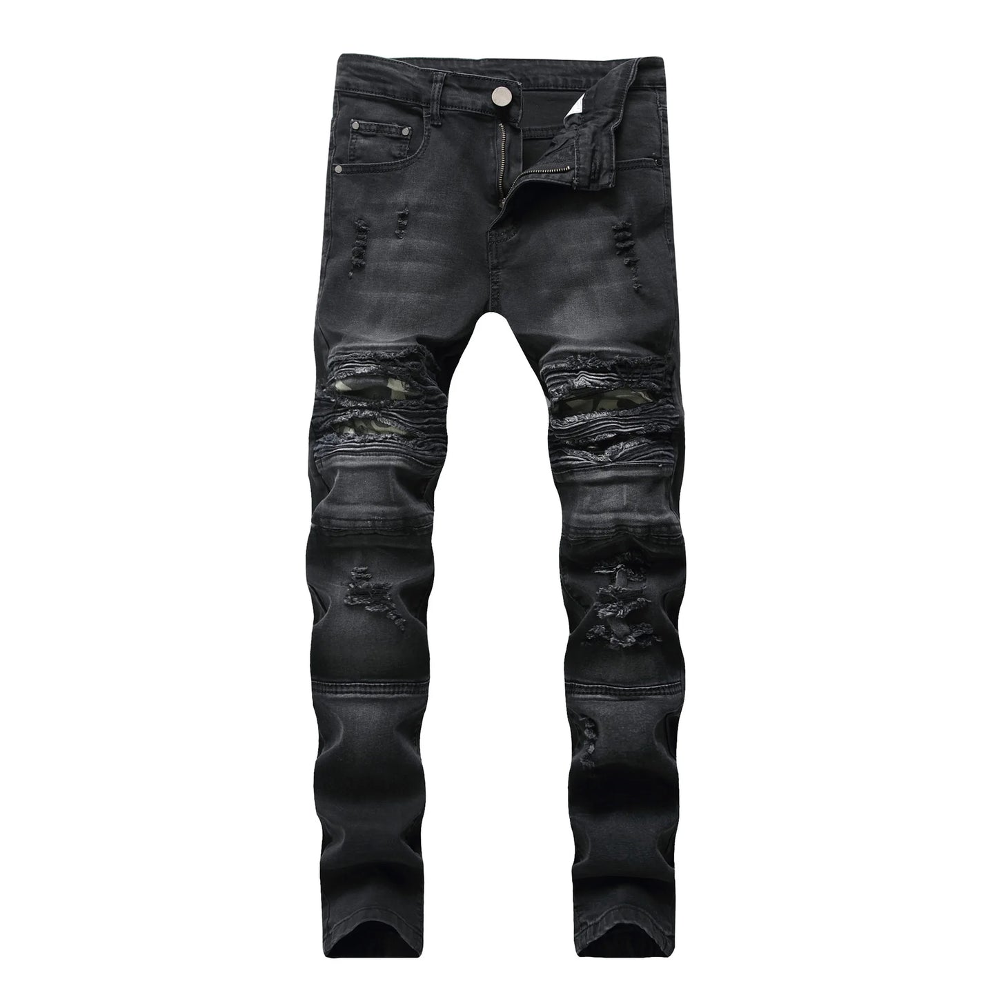 New Pattern  Men’s Moto&Biker Style Knee Broken Denim Long Pants,Stretch Slim Fit Straight Jeans,Cool Guys Must;