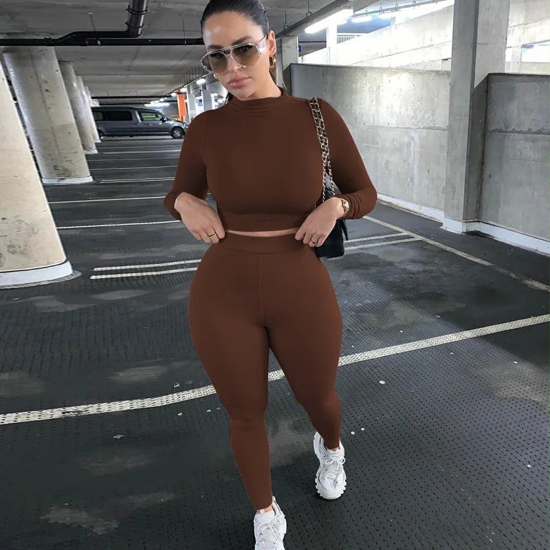 2024 New Spring Women Solid Seamless Suit Sets Long Sleeve Crop Tops High Waist Leggings Gym Workout Clothes 2 Piece Tracksuit