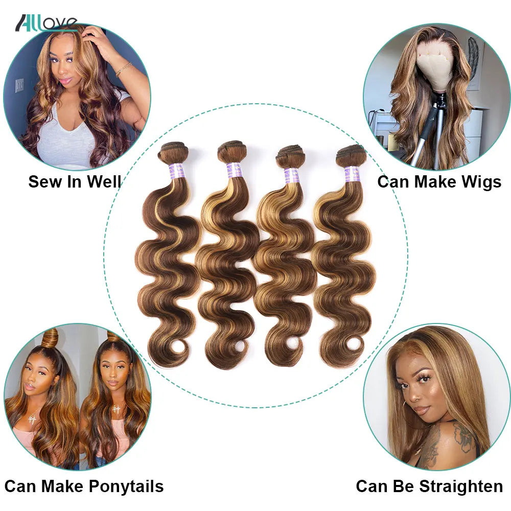 Allove Highlight Bundles Brazilian Body Wave Human Hair Bundles 4/27 Honey Blonde Colored Brazilian Hair Weave Bundles 1/3/4 PCS