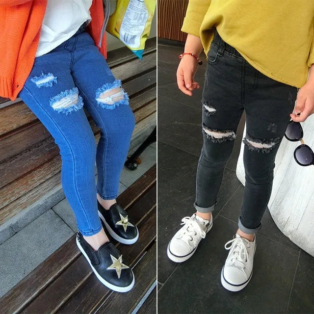 Autumn Girls Kids Cotton Skinny Jeans Children Hole Trousers Pencil pants Girl Black/Blue Ripped Jeans for 3-7 Years Kids Jeans