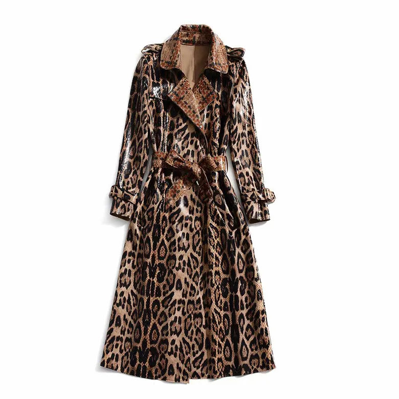 European and American women's 2019 winter clothing new  Long sleeve lapel  Leopard print  lace-up  Trench coat