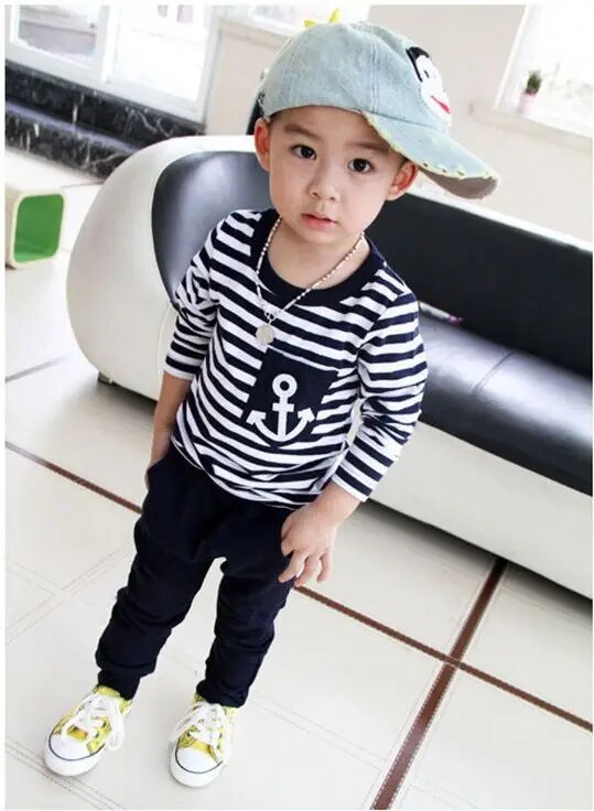 2021 Marine Navy Sailor Boys Tracksuits 100% Cotton Children's T-Shirts Trousers Sets Stripe Boy Sweatshirts Pant Suit