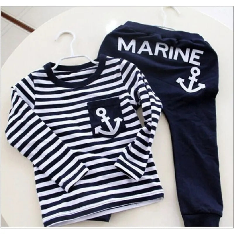 2021 Marine Navy Sailor Boys Tracksuits 100% Cotton Children's T-Shirts Trousers Sets Stripe Boy Sweatshirts Pant Suit