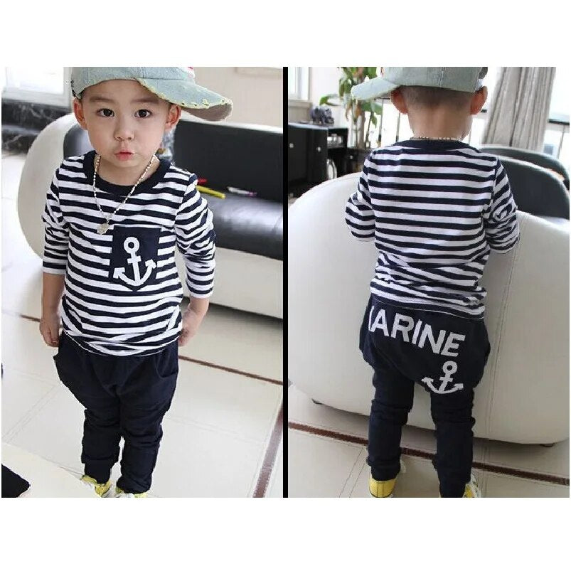 2021 Marine Navy Sailor Boys Tracksuits 100% Cotton Children's T-Shirts Trousers Sets Stripe Boy Sweatshirts Pant Suit