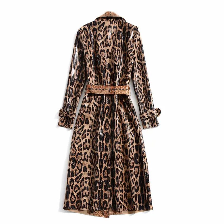 European and American women's 2019 winter clothing new  Long sleeve lapel  Leopard print  lace-up  Trench coat