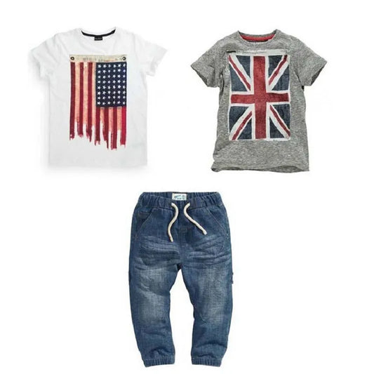 ST110 new boys summer clothes set with British and American flag baby clothes T-shirts + jeans kids clothes retail