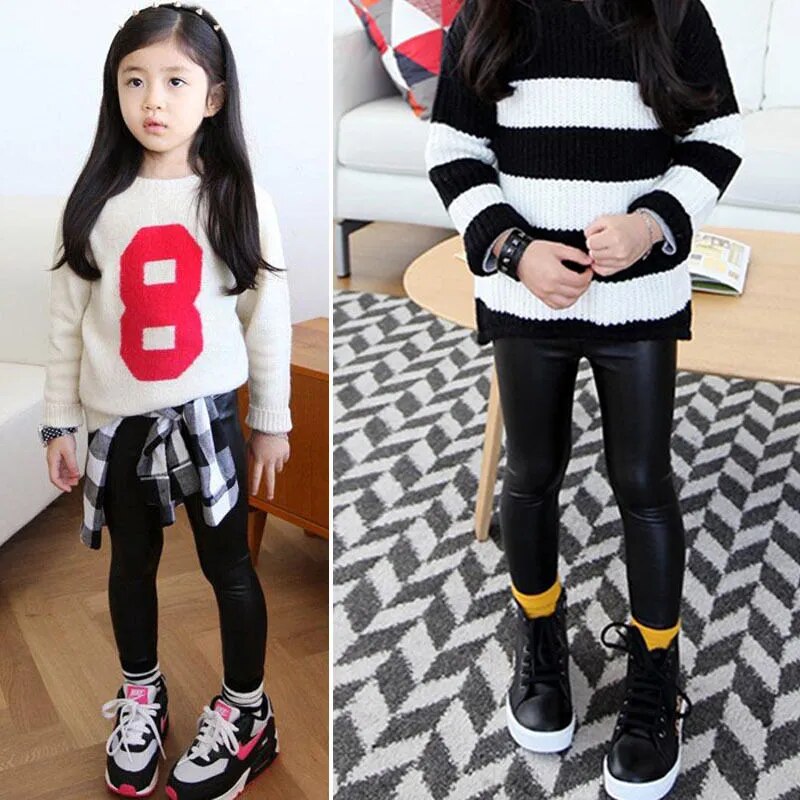 Hot Baby Girls Kids Stretchy Faux Leather Skinny Black Pants Leggings Trousers