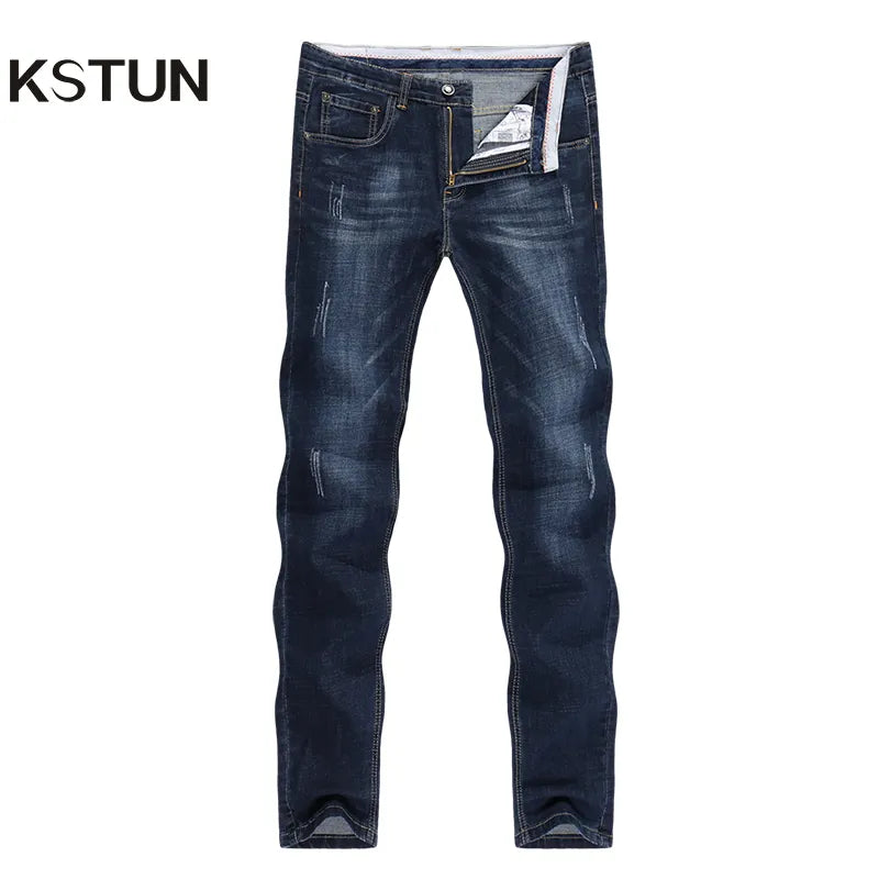 KSTUN Men's Jeans 2023 Summer Denim Pants Slim Straight Dark Blue Regular Fit Leisure Long Trousers Famous Brand Jean Men Hombre