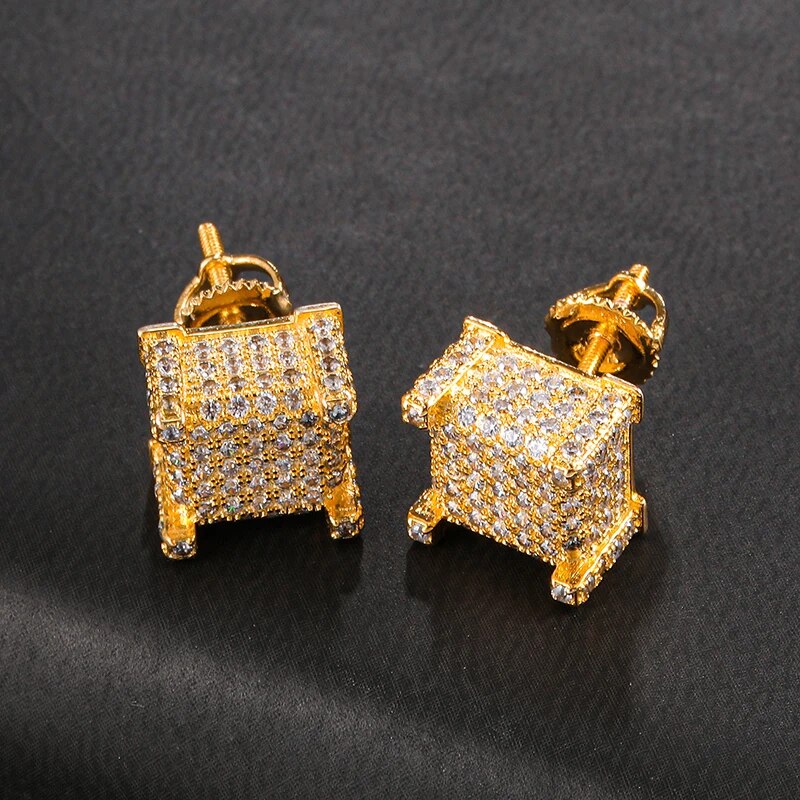 Hip HOP Micro Full Pave Rhinestone CZ Stone Bling Ice Out Stud Earring Gold Color Copper Earrings For Women Men Jewelry