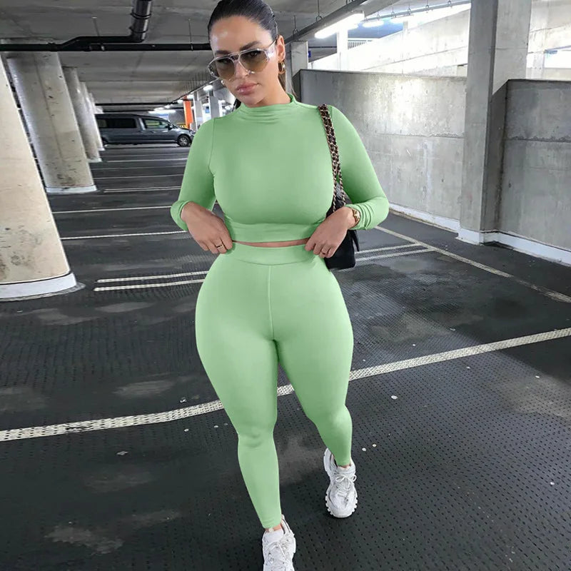 2024 New Spring Women Solid Seamless Suit Sets Long Sleeve Crop Tops High Waist Leggings Gym Workout Clothes 2 Piece Tracksuit