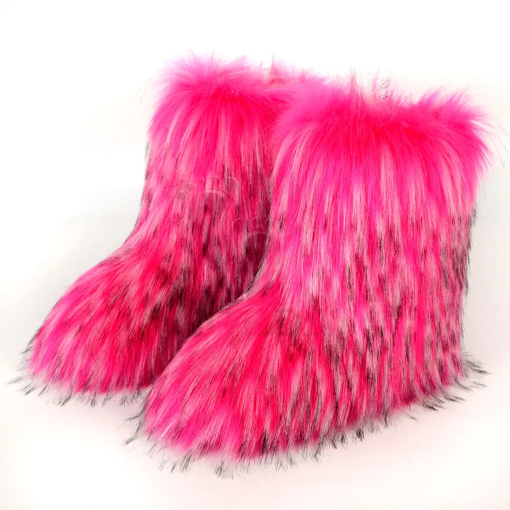 Winter Fuzzy Boots Women Furry Shoes Fluffy Fur Snow Boots Plush lining Slip-on Rubber Flat Outdoor Bowtie Warm Ladies Footwear