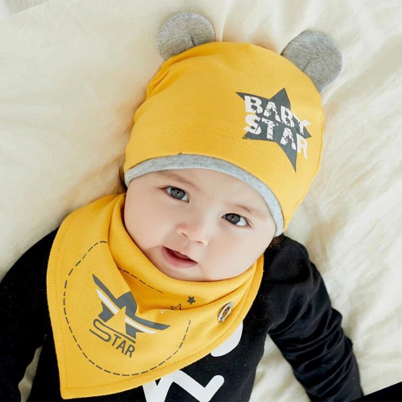 Autumn Winter Children's Hat Bib 2 Sets Boys and Girls Cotton Hats  Set Baby Solid Color Scarf Cap two-piece Boy Girl Baby Cap