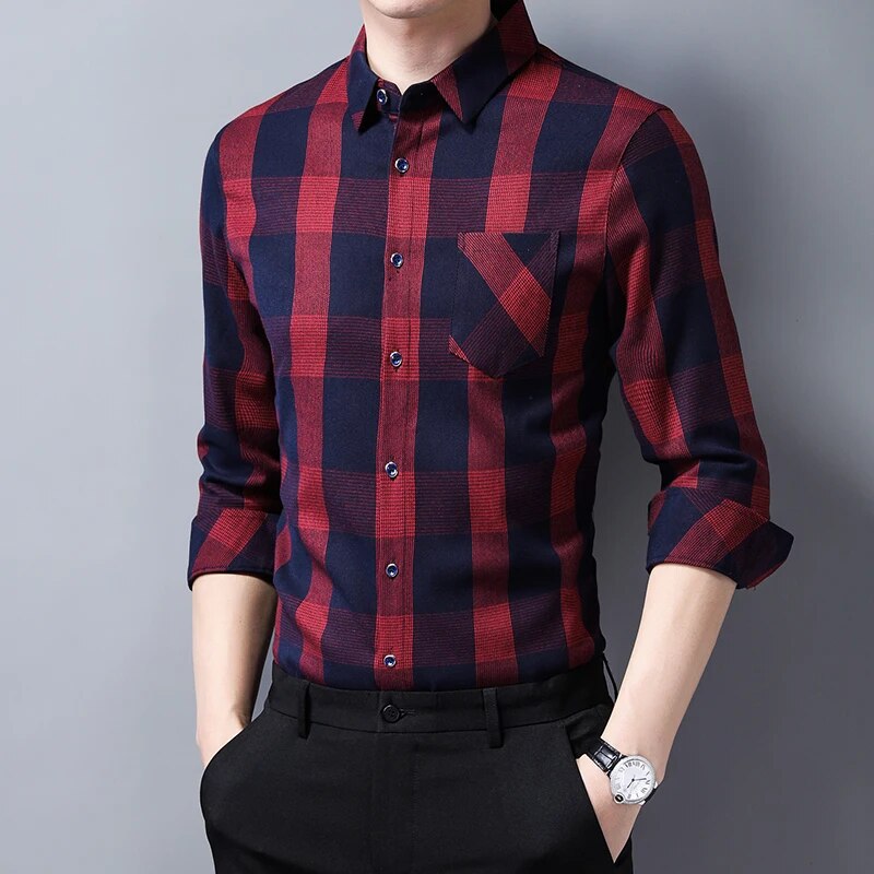 2023New Casual Men Shirts  Slim Fit Fashion Plaid Shirt Spring  Long Sleeve Camisa Masculina Men Clothes C722