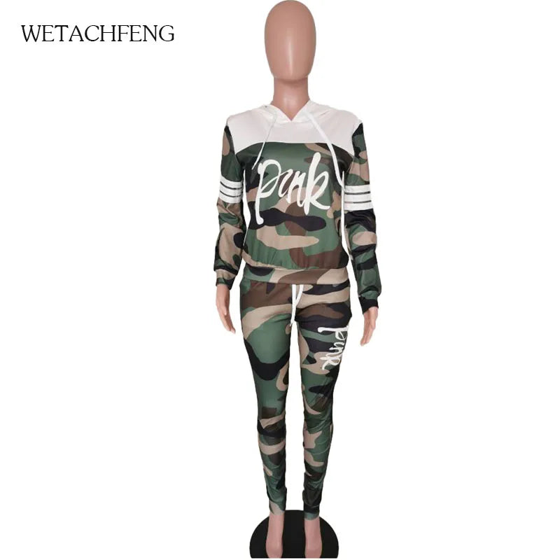 Tracksuit Camouflage Print PINK Letter sports Two Piece Sets Hooded Sweatshirt And Pants Jogger Autumn Winter Women's Clothes