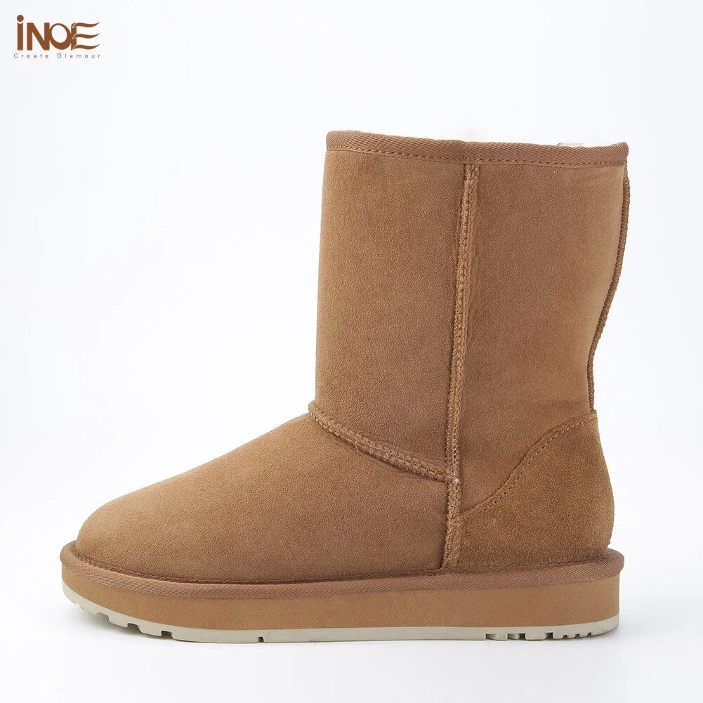 INOE Real Sheepskin suede leather winter snow boots for women wool fur lined female winter shoes flats warm waterproof black