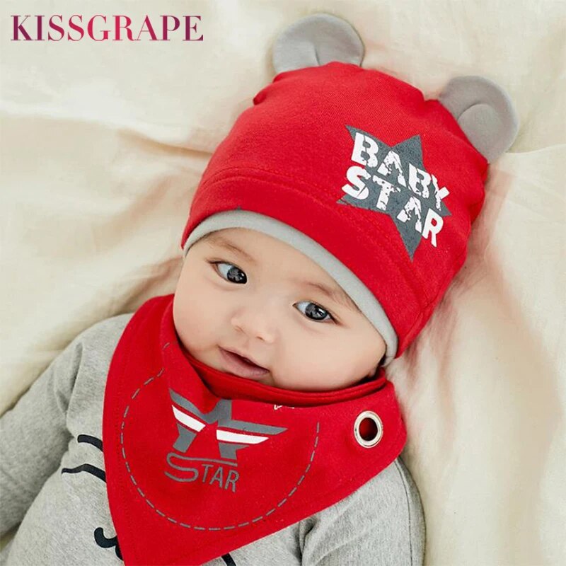 Autumn Winter Children's Hat Bib 2 Sets Boys and Girls Cotton Hats  Set Baby Solid Color Scarf Cap two-piece Boy Girl Baby Cap