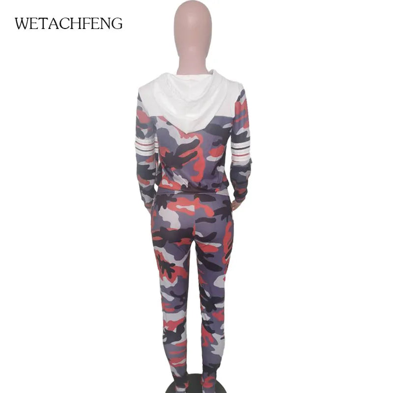 Tracksuit Camouflage Print PINK Letter sports Two Piece Sets Hooded Sweatshirt And Pants Jogger Autumn Winter Women's Clothes