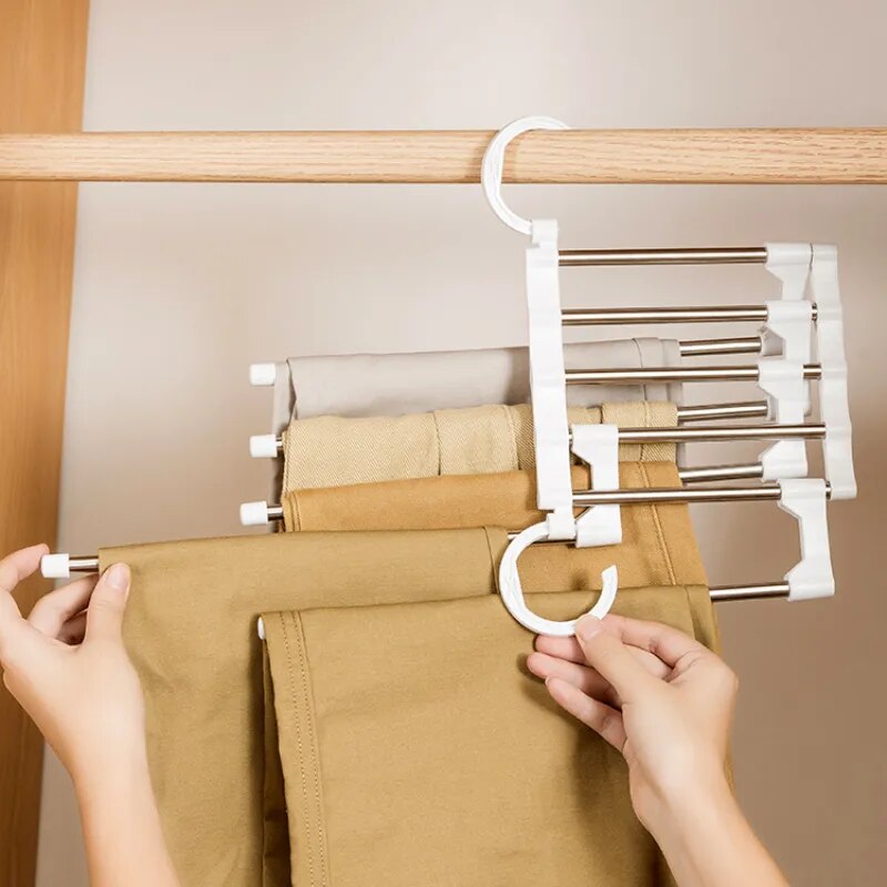 5 in 1 Multifunction Pant Rack Hangers Stainless Steel Wardrobe Adjustable Magic Trouser Hangers towel Shelves Closet Organizer