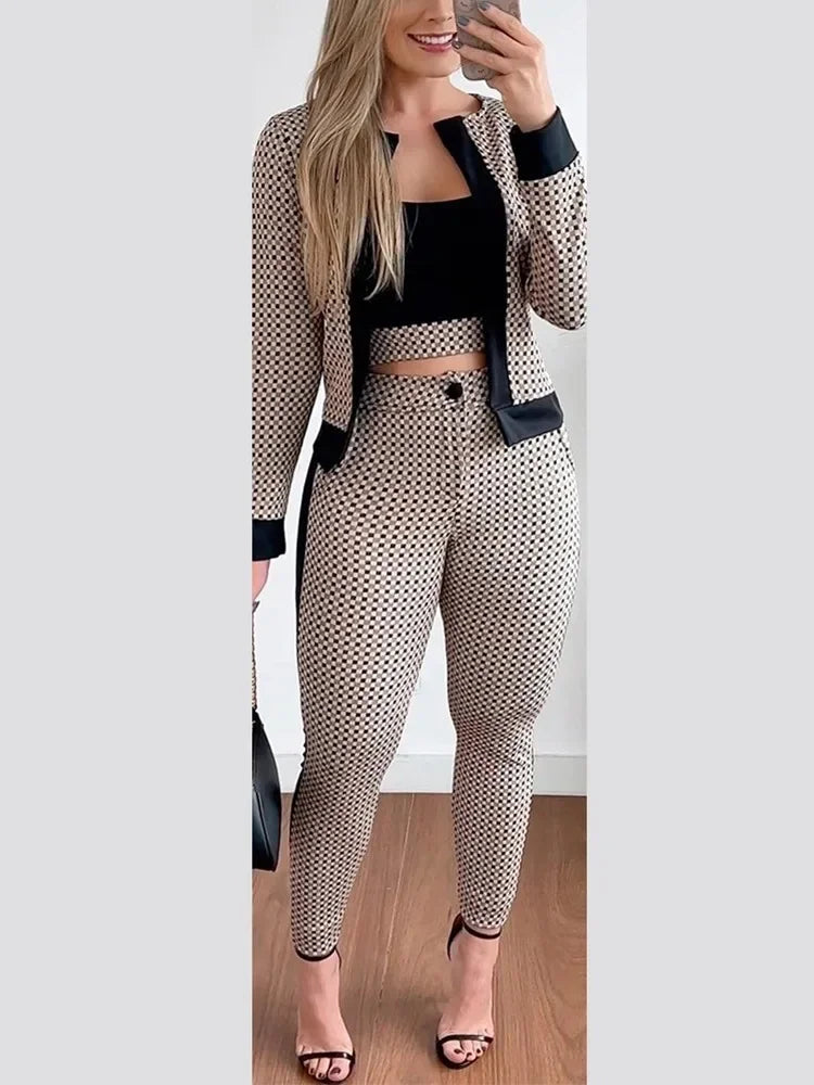 Sets Outifits 2023 Autumn  New 3PC Plaid Print Contrast Paneled Crop Top & Pants Set with Coat of Fashion Casual  Elegant Female