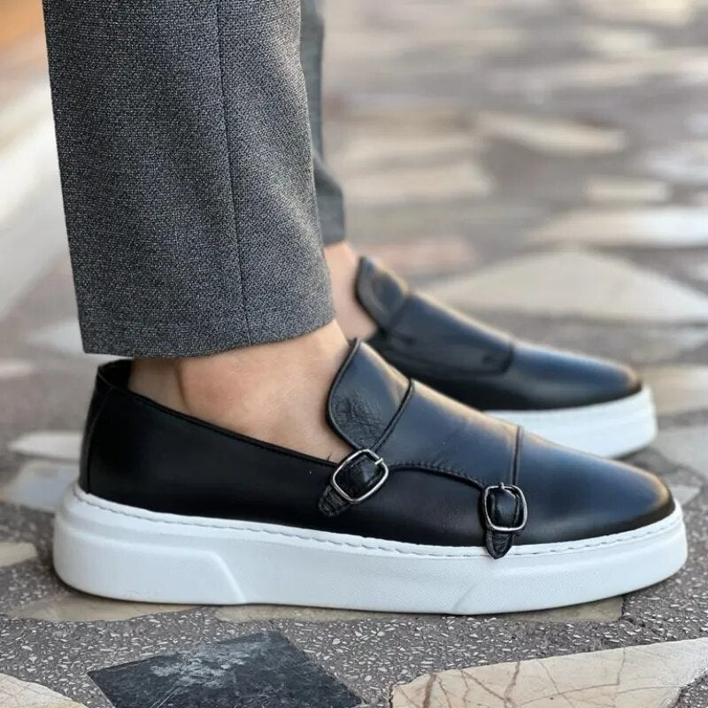 New Brown Men's Vulcanize Shoes Double Buckle Monk Shoes Black Slip-On Lazy Shoes Handmade Free Shipping Men Casual Shoes