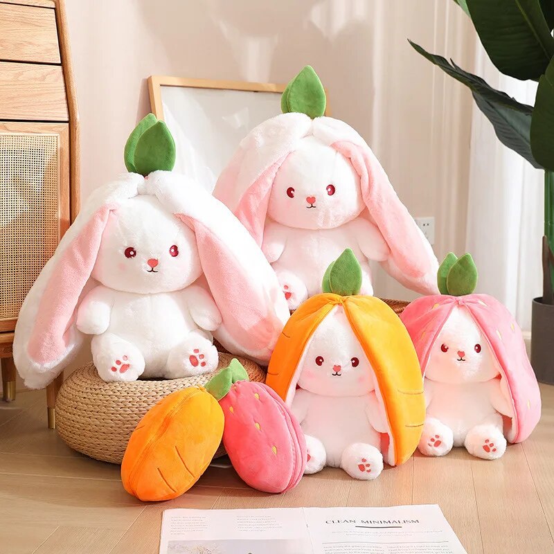 2PCS Bunny Plush Toy Reversible Carrot Strawberry Bag Turn Into Rabbit Stuffed Animals Pillow Soft Plush Toys for Kids Girl Gift