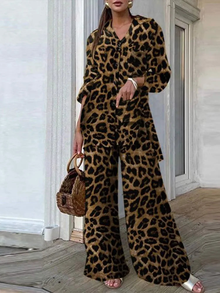 Leopard Women's Suit V-Neck Long Sleeve Button Shirt High Waist Wide Leg Straight Pants Set 2024 Spring Street Lady 2 Piece Set