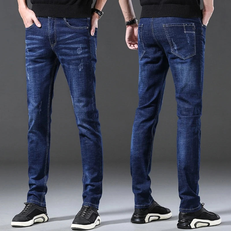 Fashion European American Style Stretch Men Jeans Luxury Men's Denim Pants Slim Straight Deep Blue Gentleman Size 28-38 Slacks