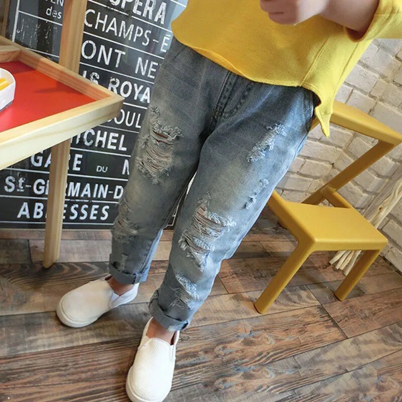 New Spring Autumn Boys and Girls Ripped Hole Jeans Fashion Fall Broken Denim Trousers Kids Jeans