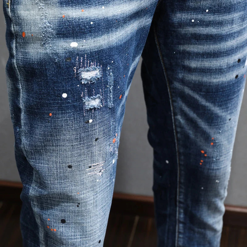 Fashion Designer Men Jeans Retro Blue Stretch Slim Fit Painted Ripped Jeans Men Korean Style Vintage Casual Denim Pants Hombre