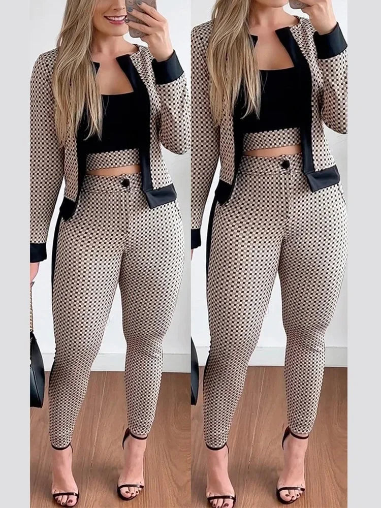 Sets Outifits 2023 Autumn  New 3PC Plaid Print Contrast Paneled Crop Top & Pants Set with Coat of Fashion Casual  Elegant Female