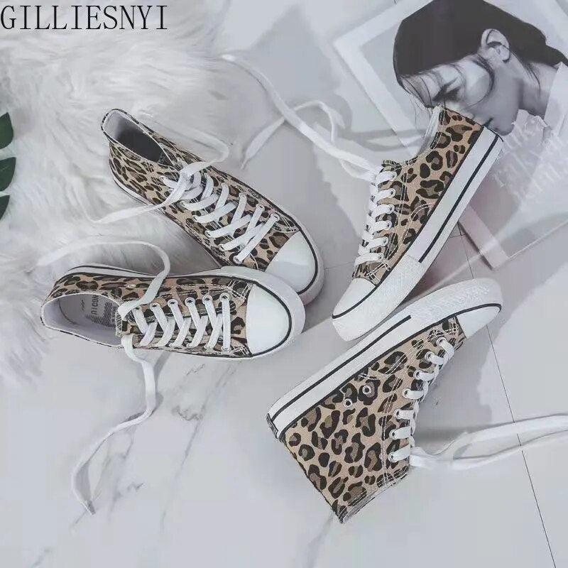 Women's Canvas Shoes Summer Leopard Print Lace-up Flats Casual Shoes Lady Autumn High-Top Vulcanized Shoe Non-Slip Sneakers