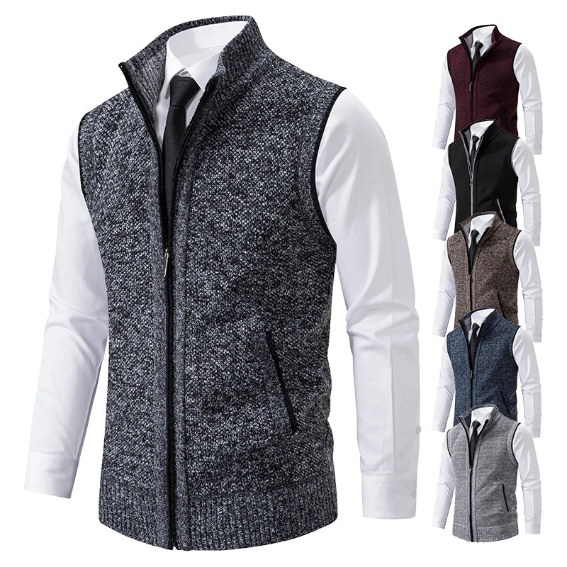 Vest Men's Knitted Sleeveless Sweater Wool Velvet Zipper Cardigan Turn-down Pullovers Turtleneck Sweatercoat Knit Waistcoat